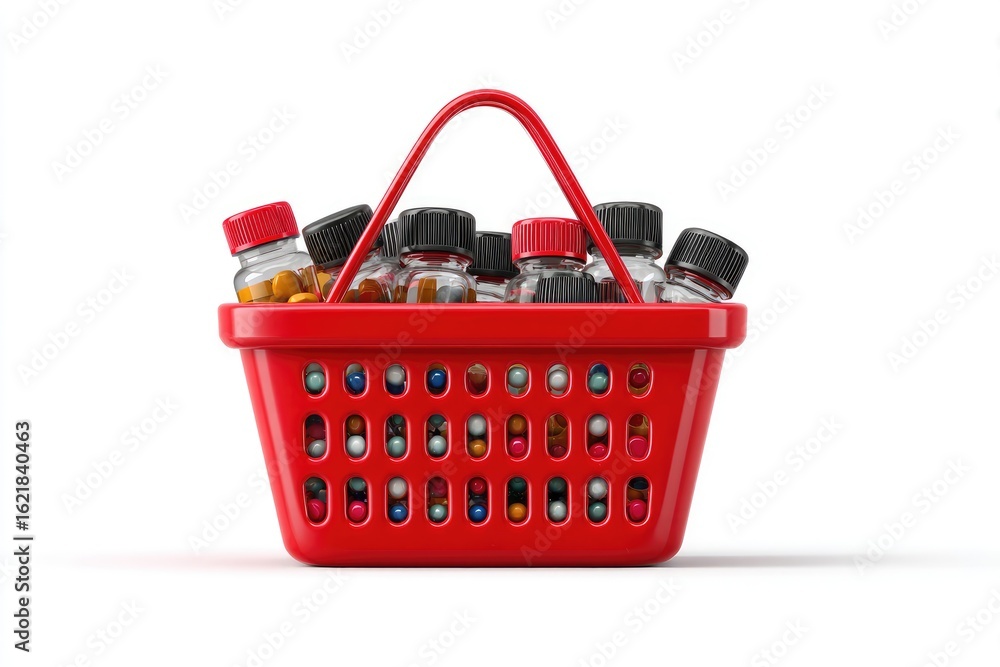 Fototapeta premium Red shopping basket filled with various pill bottles