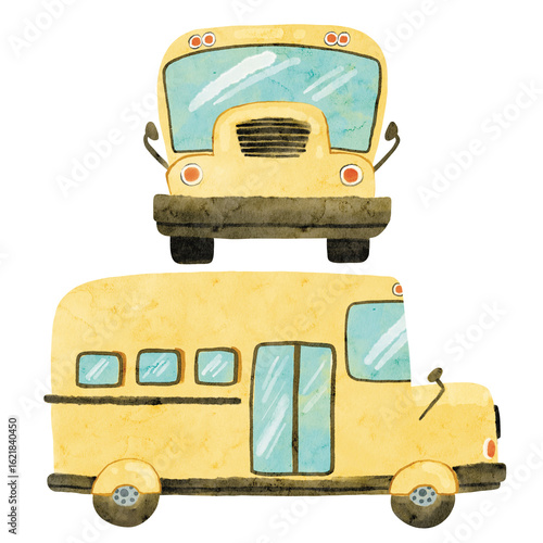Watercolor school bus. illustrations are great for stationery, memo pad, notebook, school planning stickers, cards, school invitations.
