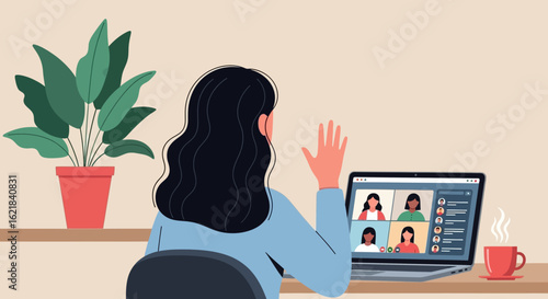 A person engages in a dynamic virtual meeting from home, collaborating with diverse colleagues online through a laptop video conference call.
