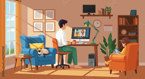 A focused professional conducts an important virtual meeting from his comfortable home office, effectively balancing work responsibilities with family life.