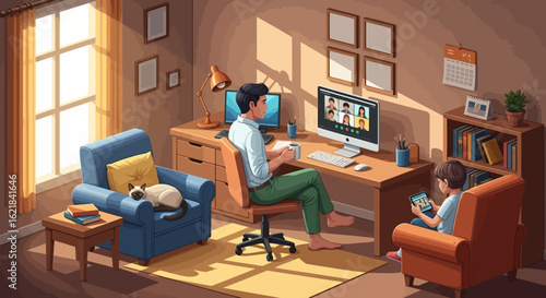 A man works from his home office, engaged in a virtual meeting on his computer, while his child is quietly occupied with a tablet in the sunlit room.