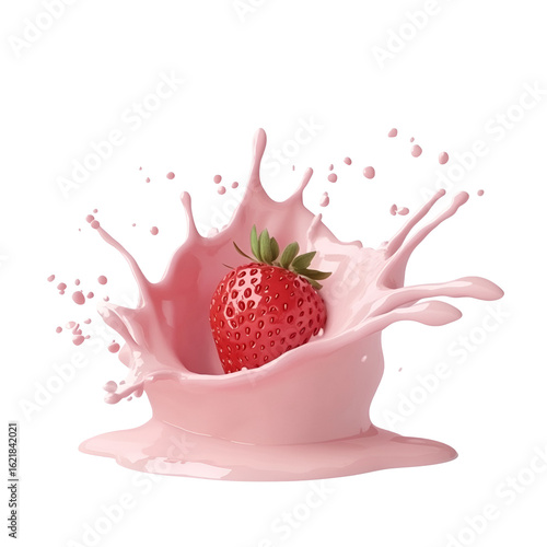 Closeup of pink milky splash and ripe fresh red strawberries isolated on white background. Pink liquid in motion, milky strawberry shake. Generative AI