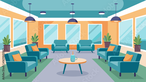 A spacious waiting lounge with comfortable seating including plush armchairs and modern couches.