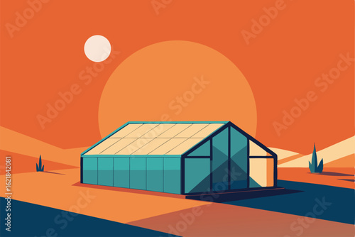 desert greenhouse with solar panels  .eps