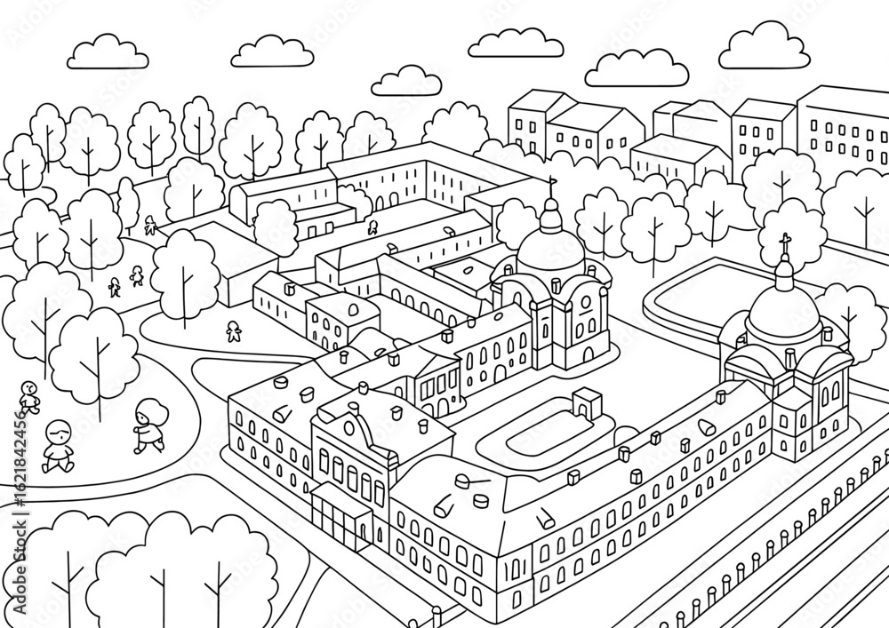 Fototapeta premium Coloring page of city buildings and trees for creative fun activity