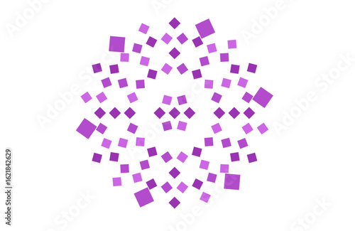 Abstract circular mandala with geometric symmetry, combining purple square  shapes in a radial arrangement for digital art, sacred geometry, modern pattern design, and meditation visuals