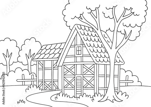 Coloring page of a house in the woods with a tree and a winding path