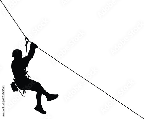Black Silhouette of a Person Ziplining - Adventure, Thrill, and Outdoor Activity