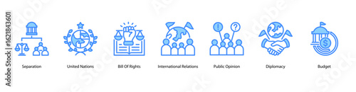 Political Foundations web banner icon vector illustration for separation of power, United Nations, Bill of Rights, international relations, public opinion, diplomacy, and budget.