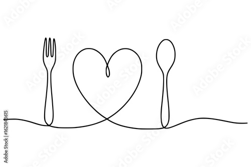 Continuous Line Drawing of Fork, Heart, and Spoon for Food Concept