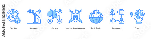 International Affairs web banner icon vector illustration for humanitarian aid, international sanctions, campaigns, electoral policies, national security, and public services across the globe.