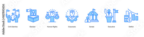 Civil Participation web banner icon vector illustration for civil liberties, election process, human rights, grassroots movements, and legislative systems like senate and executive branches.