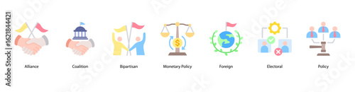 Global Politics web banner icon vector illustration for democracy, international alliances, coalitions, bipartisan systems, monetary policy, and foreign political engagement.