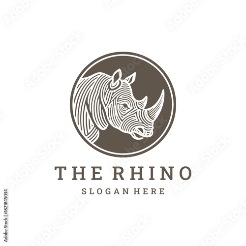 Strong rhino logo with bold lines and powerful stance.