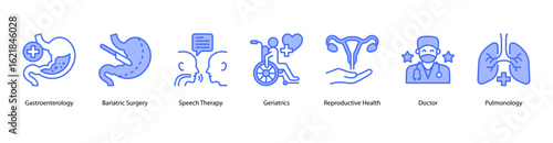 Clinical Focus web banner icon vector illustration featuring Gastroenterology, Bariatric Surgery, Speech Therapy, Geriatrics, Reproductive Health, Doctor, and Pulmonology.