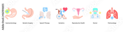 Clinical Focus web banner icon vector illustration featuring Gastroenterology, Bariatric Surgery, Speech Therapy, Geriatrics, Reproductive Health, Doctor, and Pulmonology.