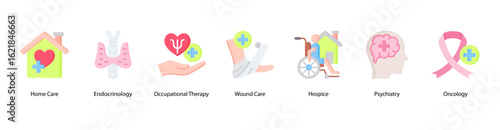 Supportive Care web banner icon vector illustration featuring Home Care, Endocrinology, Occupational Therapy, Wound Care, Hospice, Psychiatry, and Oncology.