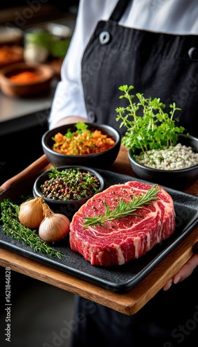 Chef holding a tray of prime steak and ingredients