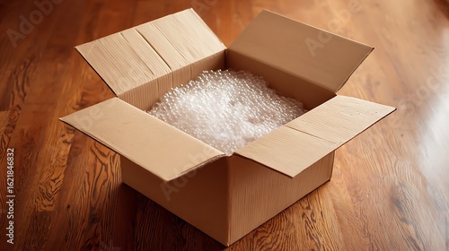 Overhead View of Open Cardboard Box with Bubble Wrap