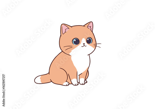 Cute ginger cartoon kitten with big blue eyes sitting and looking forward. An adorable feline illustration isolated on a white background.