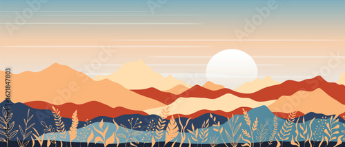 Autumn stylized landscape, minimalistic landscape, mountain sunrise and sun, vector illustration, panoramic view