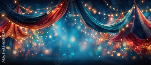 Circus tent draped with vibrant fabrics