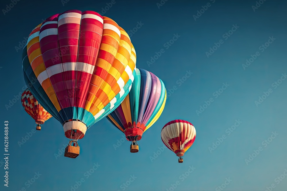 Fototapeta premium Colorful hot air balloons soar against a vibrant blue sky