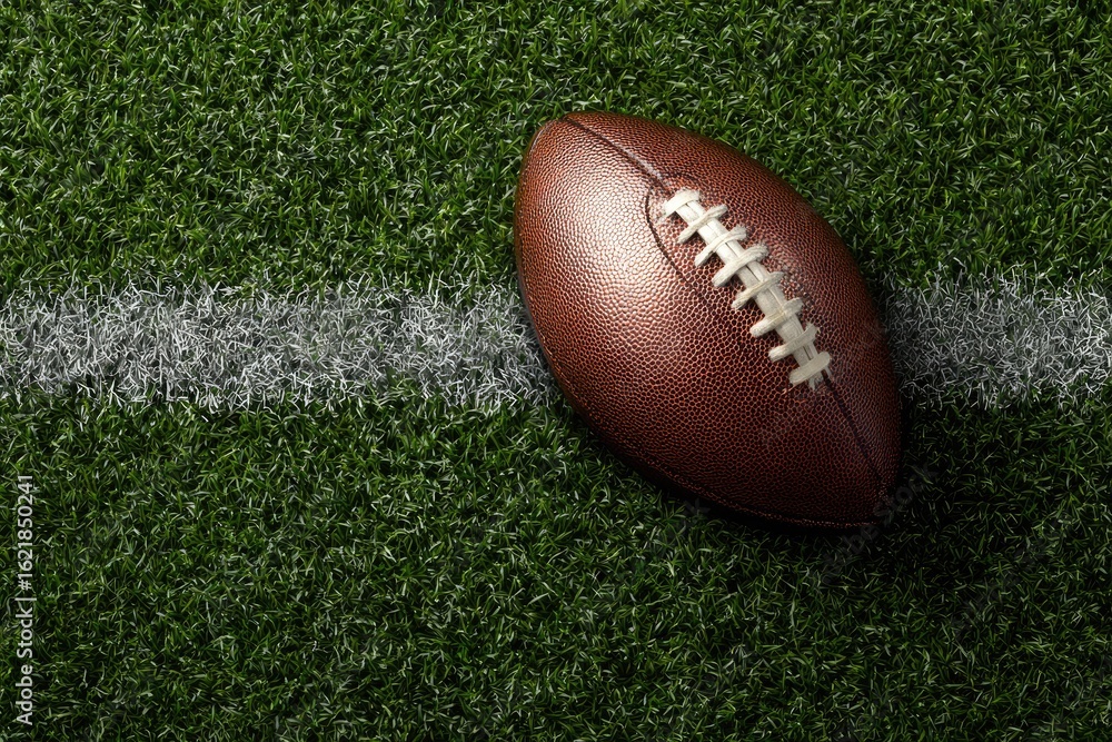 Obraz premium American football resting on a field, near a white line