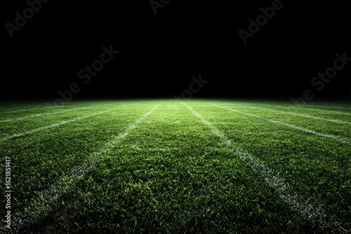Empty sports field at night, lit by stadium lights.  Dark background,  bright green grass,  white field lines