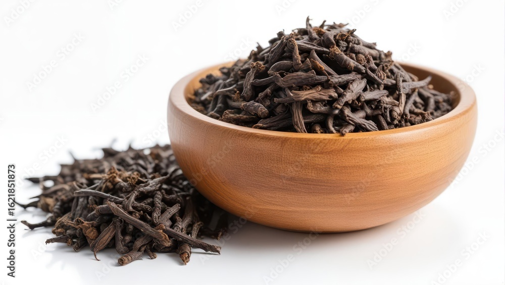 Fototapeta premium Dried fermented tea leaves poured out of a wooden bowl spread on a white background