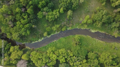 Top view of river with riverbanks, summer