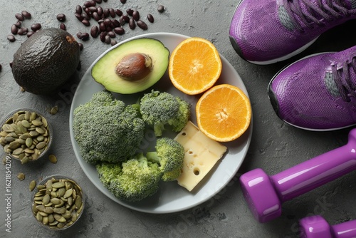 Healthy food and fitness.  A top-down view of a plate of fruits, vegetables, and cheese, alongside running shoes, dumbbells, and seeds.  Nutritious items for a balanced lifestyle
