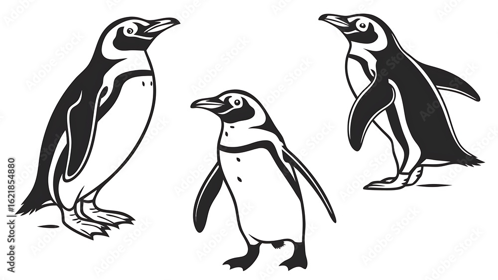 Naklejka premium Three penguin sketches isolated on white background