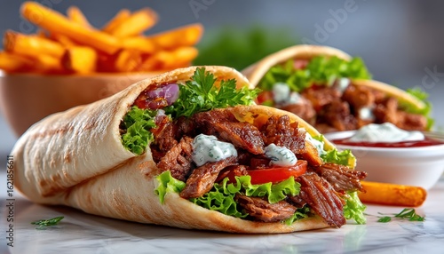 Delicious pita sandwiches with fries