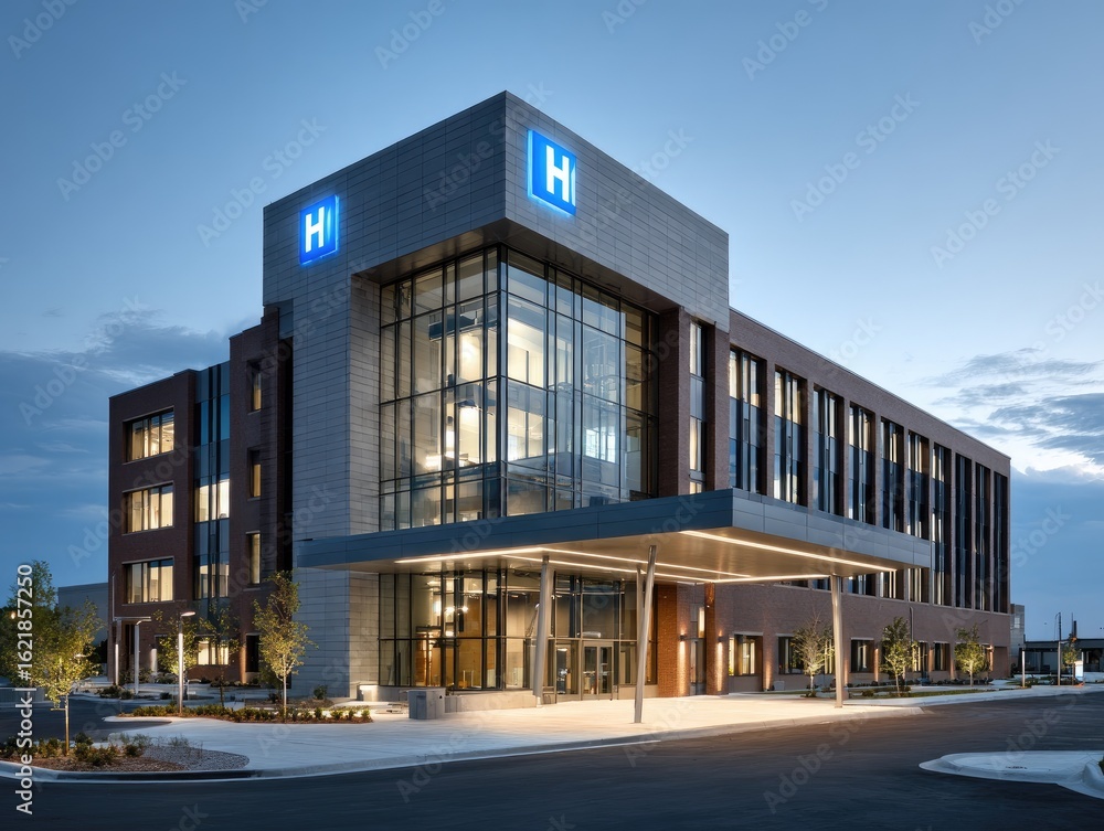 Fototapeta premium Modern hospital building at twilight