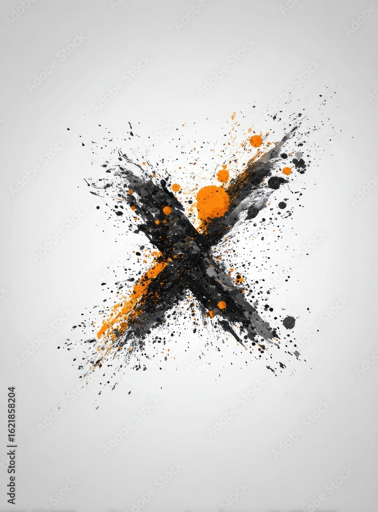 Fototapeta premium Abstract graphic design of a bold capital letter X formed by dark and orange splatter paint