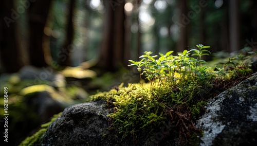 Sunlight filters through forest canopy, illuminating small plants sprouting from mossy rock