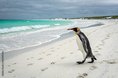 King penguin walking on the beach with turquoise water and cloudy sky