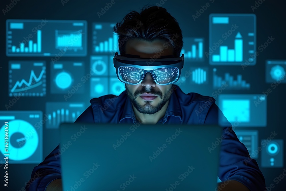 Man using vr glasses for data analysis and visualization on laptop for business intelligence and analytics Man using vr glasses for data analysis and visualization on laptop for business intelligence and analytics