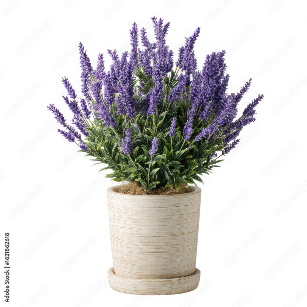 Obraz premium Vibrant purple lavender plant in a rustic pot isolated on transparent background