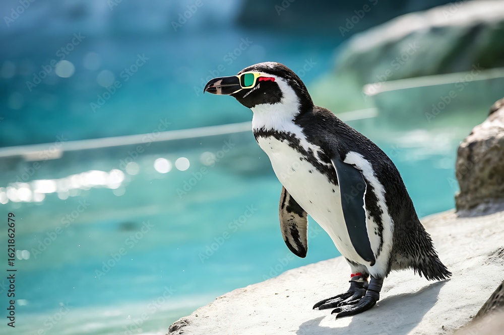 Fototapeta premium Cool penguin with sunglasses standing near the water on a sunny day