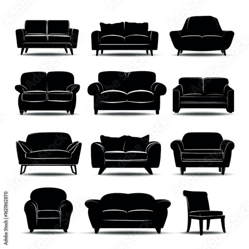 vector illustration of couch silhouette set, Black & White silhouette set