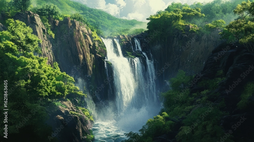 Naklejka premium Lush Waterfall Cascading Through Tropical Mountains