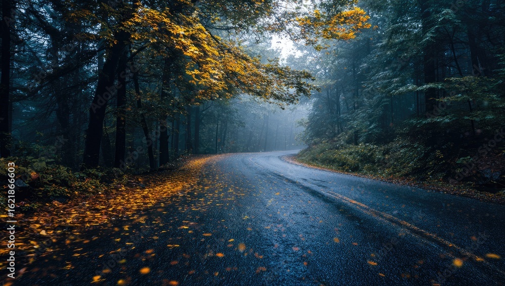 Obraz premium A winding, wet road through a misty autumn forest. Golden leaves carpet the roadway