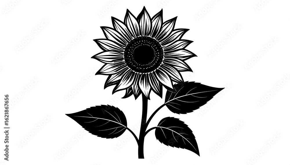 Fototapeta premium Elegant sunflower illustration in grayscale with detailed leaf and petal structure