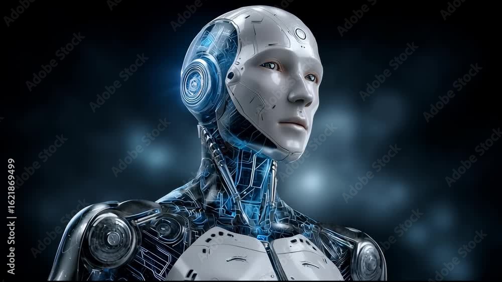 Futuristic humanoid robot featuring advanced artificial intelligence with intricate mechanical and electronic components, glowing blue circuits, sleek white faceplate, and transparent body showcasing Futuristic humanoid robot featuring advanced artificial intelligence with intricate mechanical and electronic components, glowing blue circuits, sleek white faceplate, and transparent body showcasing