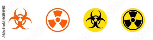 Vector icons of biological and radioactive hazards for medical, danger, infection, warning.
