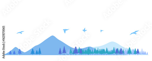 針葉樹と山のシルエットのイラスト　背景イラスト