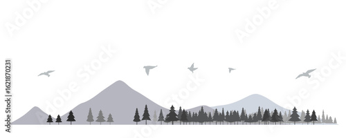 針葉樹と山のシルエットのイラスト　背景イラスト