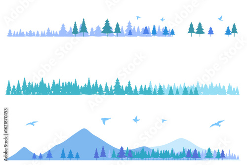針葉樹と山のシルエットのイラストセット　背景イラスト